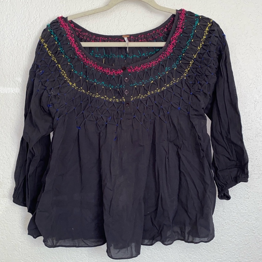 Free People Gray Smocked Bust Peasant Long Sleeve Blouse